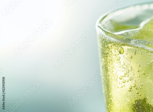 bright sunny lighting, fizzy drink macro photography , light green tone, white background