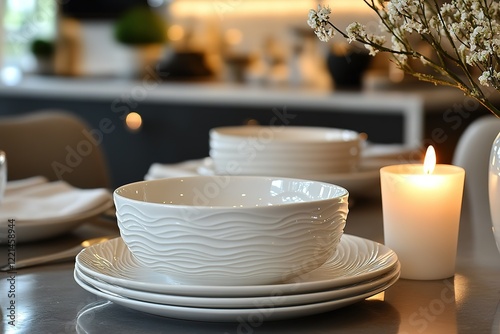 Elegant tableware setting with textured bowls and plates illuminated by a candle's soft glow