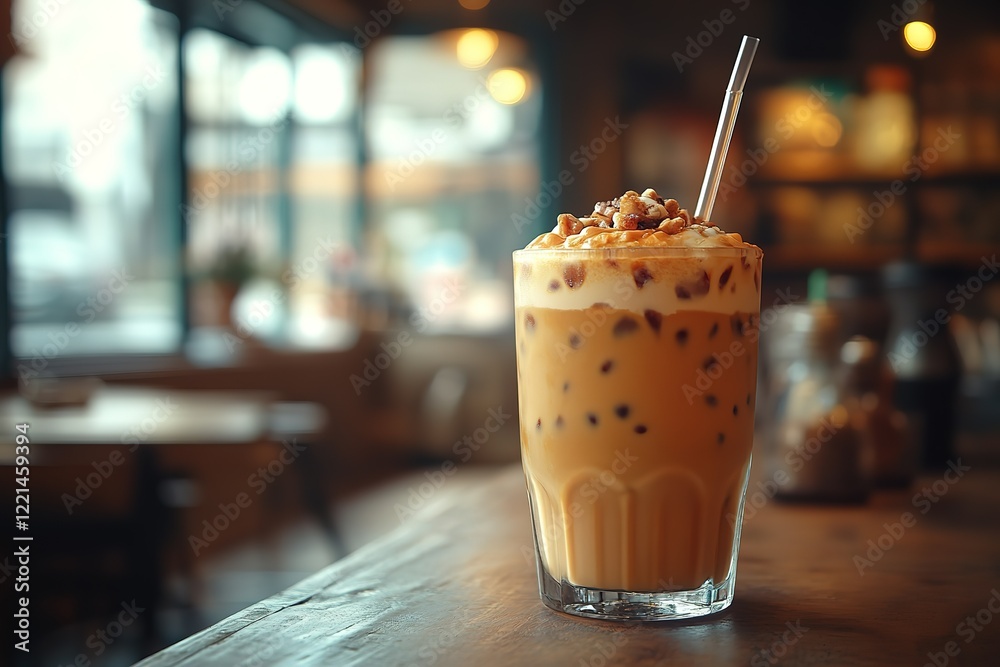 Iced coffee with caramel and nuts perfect for a cafe Iced coffee with caramel and nuts perfect for a cafe