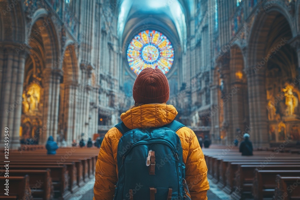 Fototapeta premium A person standing in a church wearing a backpack, suitable for use in travel or adventure-themed projects