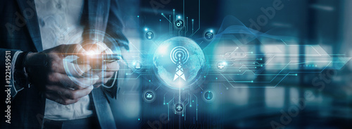 Businessman using mobile device to interact with telecommunications network infrastructure, global network connectivity, and telecommunications services solutions platforms. photo