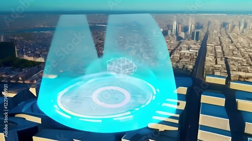 A futuristic cityscape featuring an innovative structure with a glowing, translucent blue dome. The urban skyline extends into the distance, blending advanced architecture with a vibrant city photo