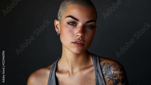 Young girl with tattoos and short hair, arrogant look, wearing tank top, on plain black background.