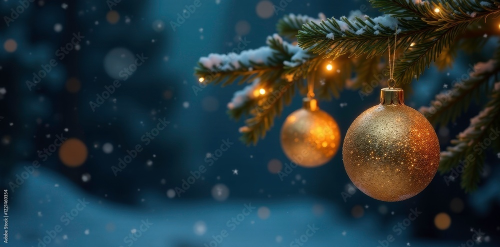 Glittering golden ornaments hang from a dark tree branch, snowy night, dark decor Glittering golden ornaments hang from a dark tree branch, snowy night, dark decor