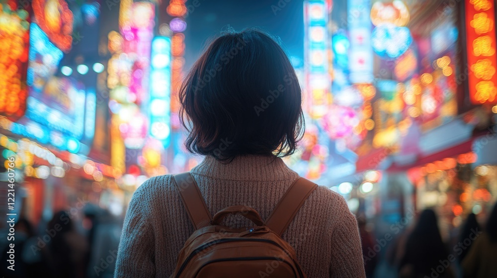 Obraz premium A woman stands in front of neon signs, equipped with a backpack