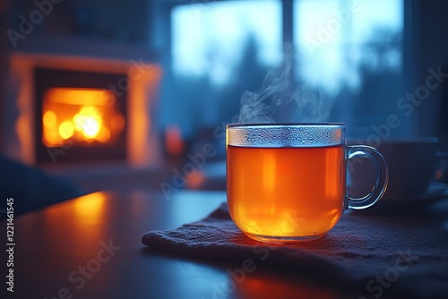 Warm tea by a cozy fireplace on a cold evening
