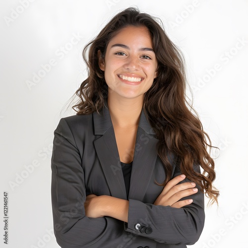 Confident businesswoman smiling, arms crossed, studio portrait, white background, corporate headshot