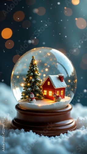 Glittering golden snow globe containing a miniature Christmas scene, winter, serene
