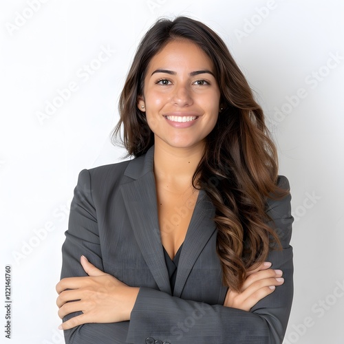 Confident businesswoman smiling, arms crossed, studio white background, headshot portrait