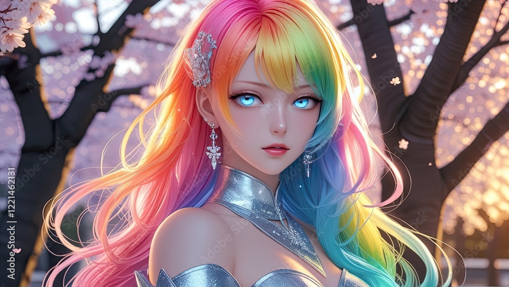 Obraz premium A digital illustration of a person with vibrant rainbow hair, a silver outfit, and pale blue eyes.