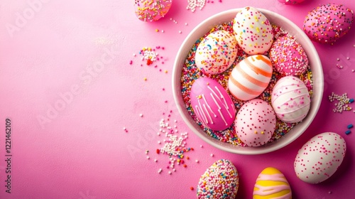 Vibrant Pink Easter Background with Baking Dish and Colorful Sprinkles for Spring Holiday Decorations