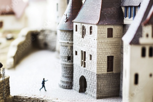 A small scale model of a medieval-style castle with a person strolling beside it, perfect for use in illustrations, presentations or architecture designs photo