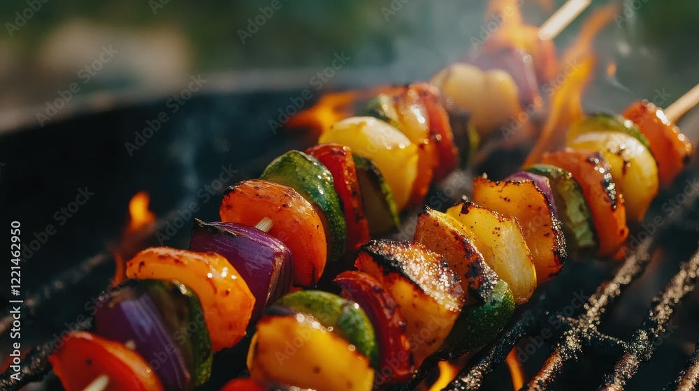Grilled vegetable skewers with colorful peppers and zucchinis on open flame Grilled vegetable skewers with colorful peppers and zucchinis on open flame