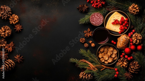 Festive Christmas Food Arrangement On Dark Background