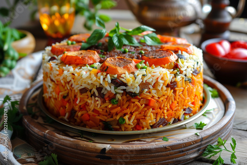 Maqluba - A hearty and flavorful upside-down rice. Arabian cuisine.  photo