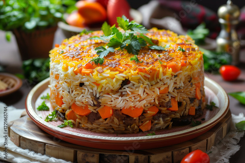 Maqluba - A hearty and flavorful upside-down rice. Arabian cuisine.  photo