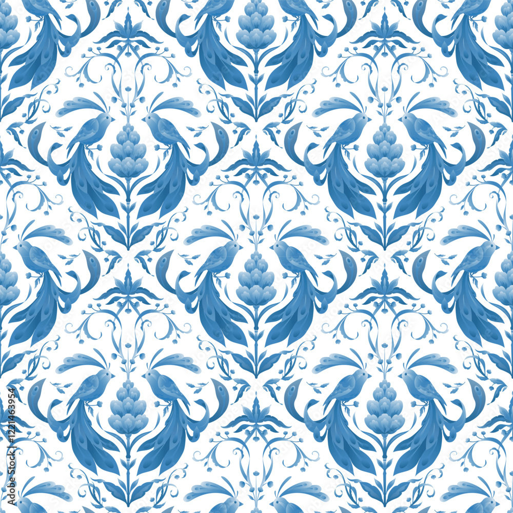 Blue birds and flowers. Vector seamless pattern in folk style on white background. Elegant illustration with birds and cute botany for textile and packaging