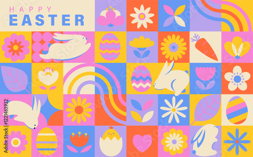 Geometric Banner for Happy Easter with elements and symbols of holiday, decorated eggs, flowers,rabbits, chickens and text greeting. Trendy cute template for web,social media ads, flyers,print. Vector