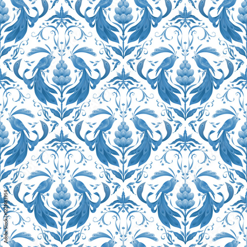 Blue birds and flowers. Vector seamless pattern in folk style on white background. Elegant illustration with birds and cute botany for textile and packaging