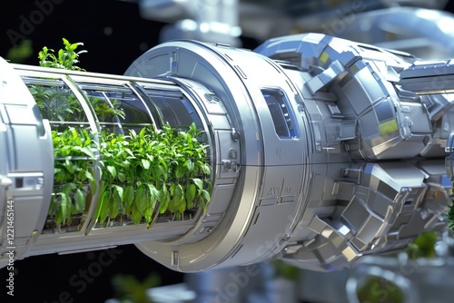 Fototapeta Naklejka Na Ścianę i Meble -  A futuristic space station with plants growing out of its structure, ideal for sci-fi and technology-themed projects