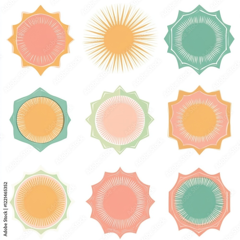 Fototapeta premium Six colorful sunbursts on a white background