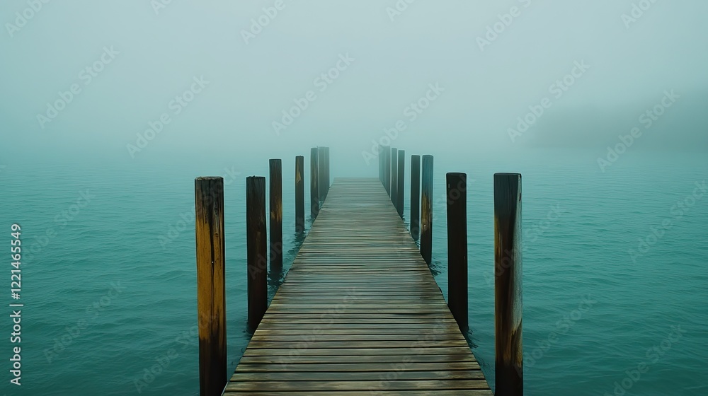 Fototapeta premium Long Wooden Dock Extending into Misty Teal Lake