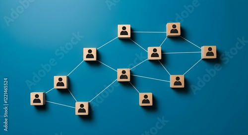 Wooden blocks with user icons, connected by white lines, social network concept, organizational structure, blue background.