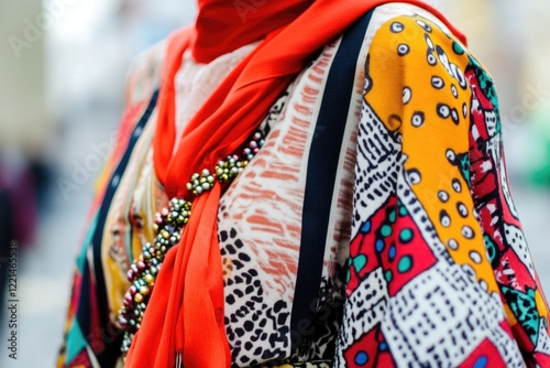 A woman dressed in bright colors, wearing a scarf and standing still photo