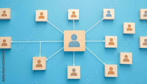 Wooden blocks with user icons, connected by white lines, social network concept, organizational structure, blue background.