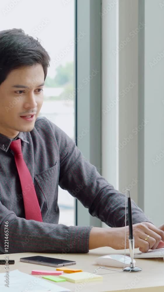 Two business people talk project strategy at office meeting room. Businessman discuss project planning with colleague at modern workplace while having conversation and advice on financial data report.