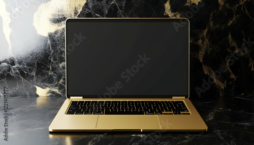 Gold mockup laptop computer and black keyboard with blank screen