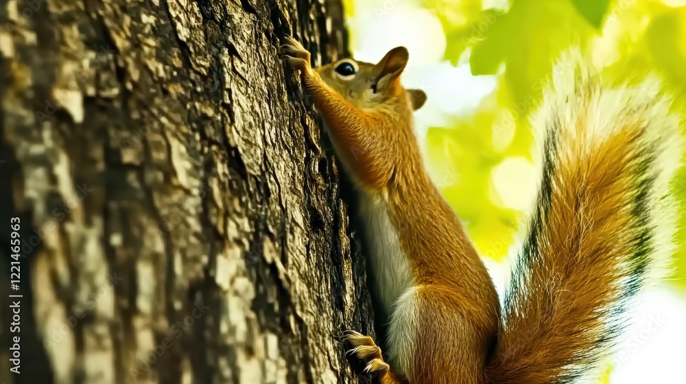 A small squirrel crawls on the bark of a tree trunk against a background of green leaves generated in AI A small squirrel crawls on the bark of a tree trunk against a background of green leaves generated in AI