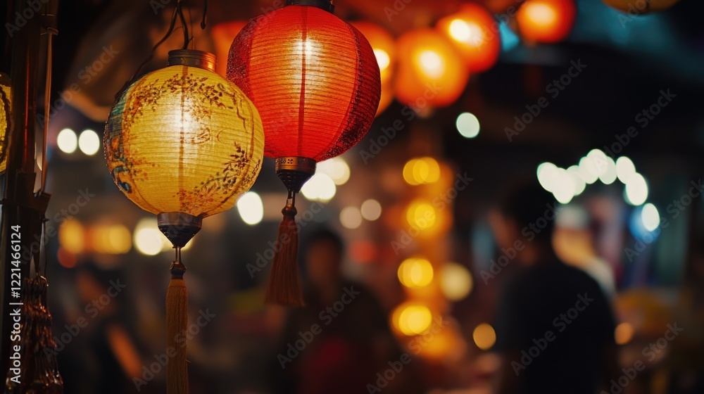 Obraz premium A group of lanterns hangs from the ceiling, providing warm and cozy light
