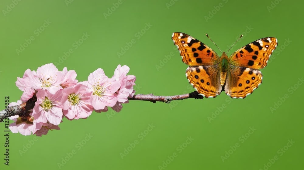Obraz premium Orange Butterfly on Pink Blossom Branch Against Green Background
