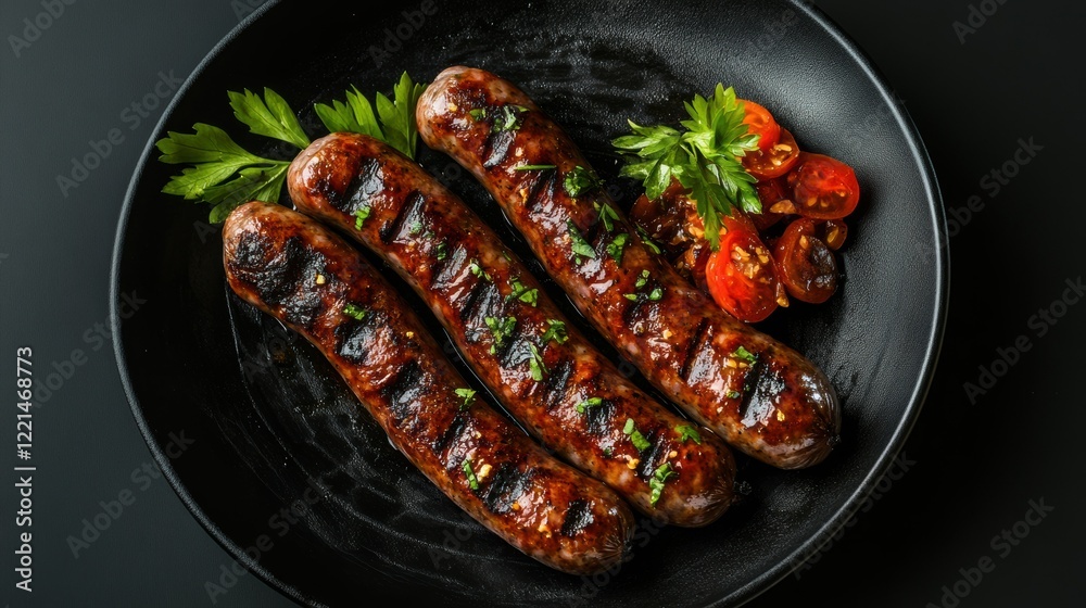 Grilled sausages with cherry tomatoes and parsley on black plate Grilled sausages with cherry tomatoes and parsley on black plate