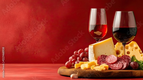 Red Wine and Cheese Board on Red Background