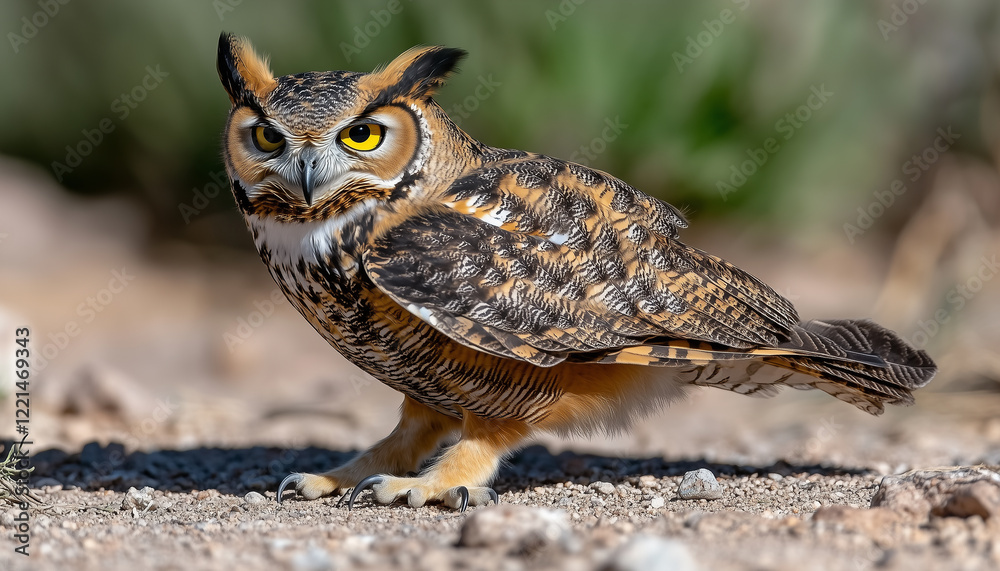 Obraz premium Stunning great horned owl perched confidently on sandy terrain captured with remarkable detail and clarity