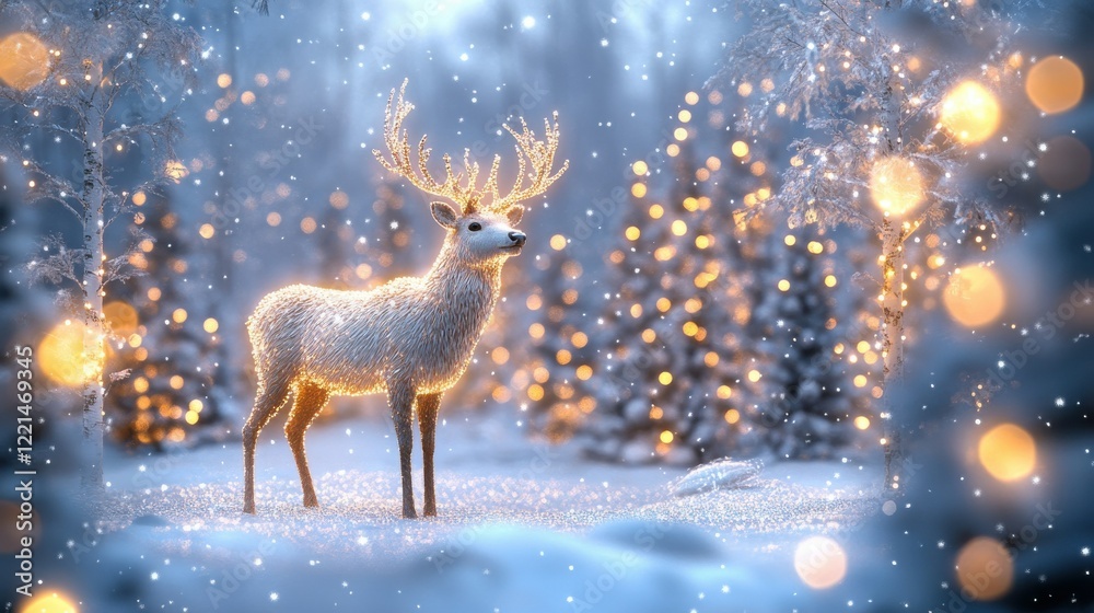 Majestic winter scene: glowing deer in enchanted snowy forest with twinkling lights Majestic winter scene: glowing deer in enchanted snowy forest with twinkling lights