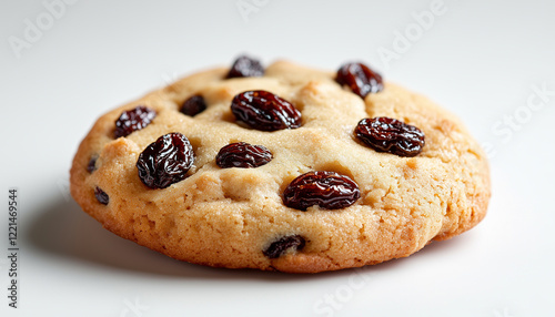 Raisin cookie resting on a white background highlighting its texture and details in high resolution photo