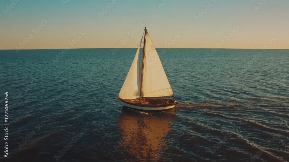 Fototapeta premium Sailboat on Calm Ocean at Sunset, Golden Hour Light