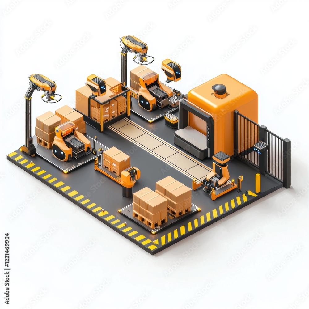 3D icon cartoon automated warehouse with robotic transporters, isolated on a white background --quality 2 3D icon cartoon automated warehouse with robotic transporters, isolated on a white background --quality 2
