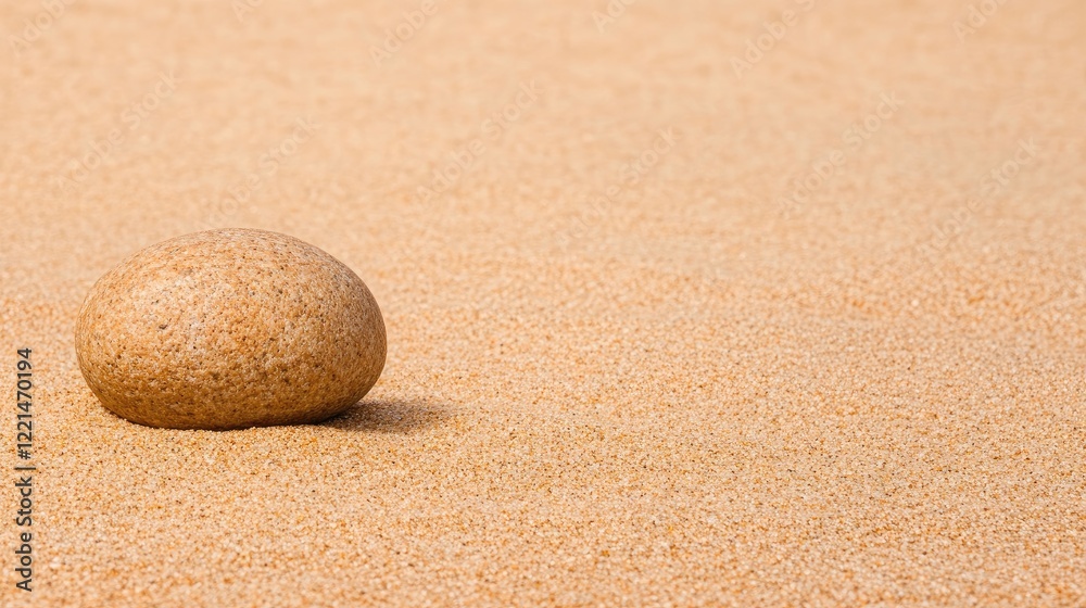 Single Light Brown Stone on Beige Sand Beach Minimalist Background Single Light Brown Stone on Beige Sand Beach Minimalist Background