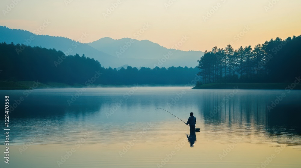 Silhouette of fisherman in peaceful mountain lake at dawn Silhouette of fisherman in peaceful mountain lake at dawn
