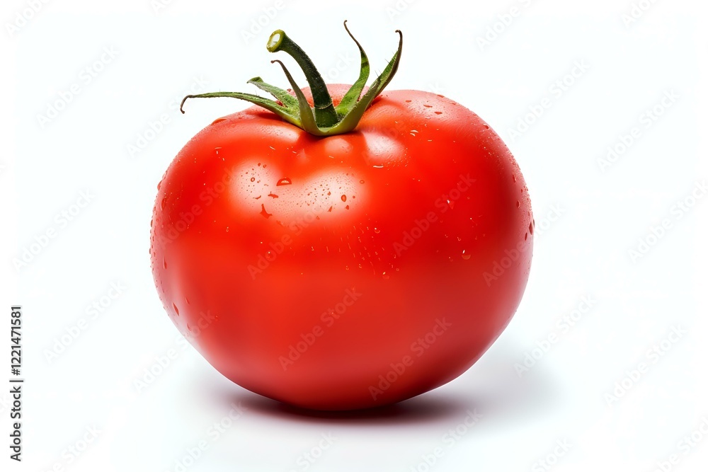 Fresh ripe red tomato with water drops and green stem isolated on white background, perfect for food packaging, cooking blogs, and healthy lifestyle marketing materials. Fresh ripe red tomato with water drops and green stem isolated on white background, perfect for food packaging, cooking blogs, and healthy lifestyle marketing materials.