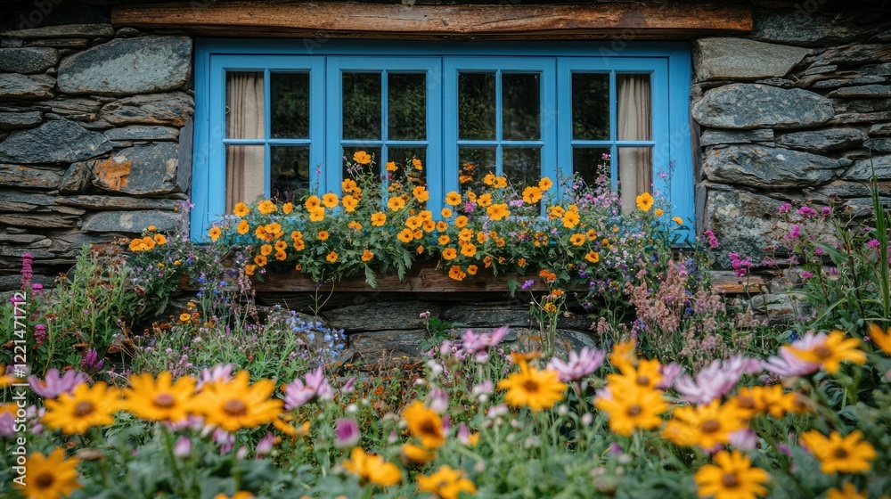 Fototapeta premium Cottage Window Box with Blooming Flowers