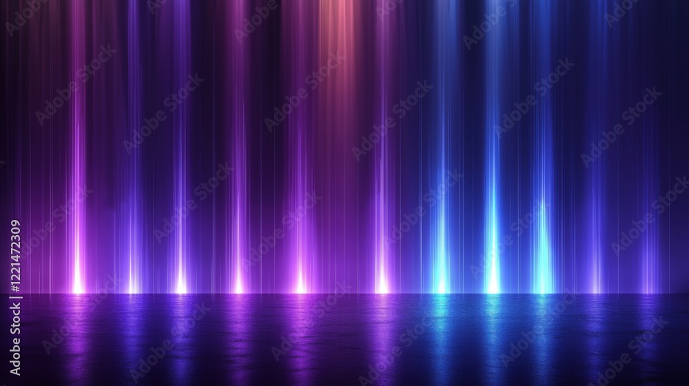 Glowing vertical light beams in purple and blue hues on reflective surface Glowing vertical light beams in purple and blue hues on reflective surface