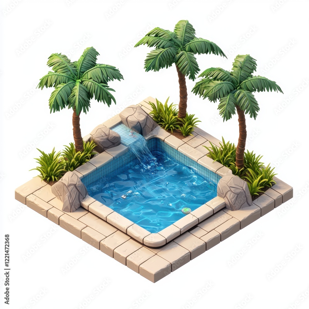 Fototapeta premium 3D icon cartoon backyard pool with palm trees, isolated on a white background 