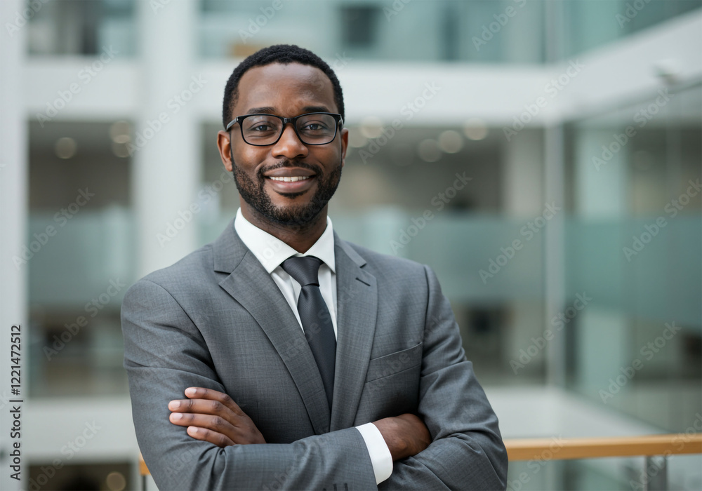 Smiling business executive confidently standing outside the corporate headquarters, radiating leadership and success. Smiling business executive confidently standing outside the corporate headquarters, radiating leadership and success.