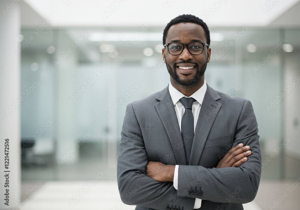 Fototapeta premium Smiling business executive confidently standing outside the corporate headquarters, radiating leadership and success.