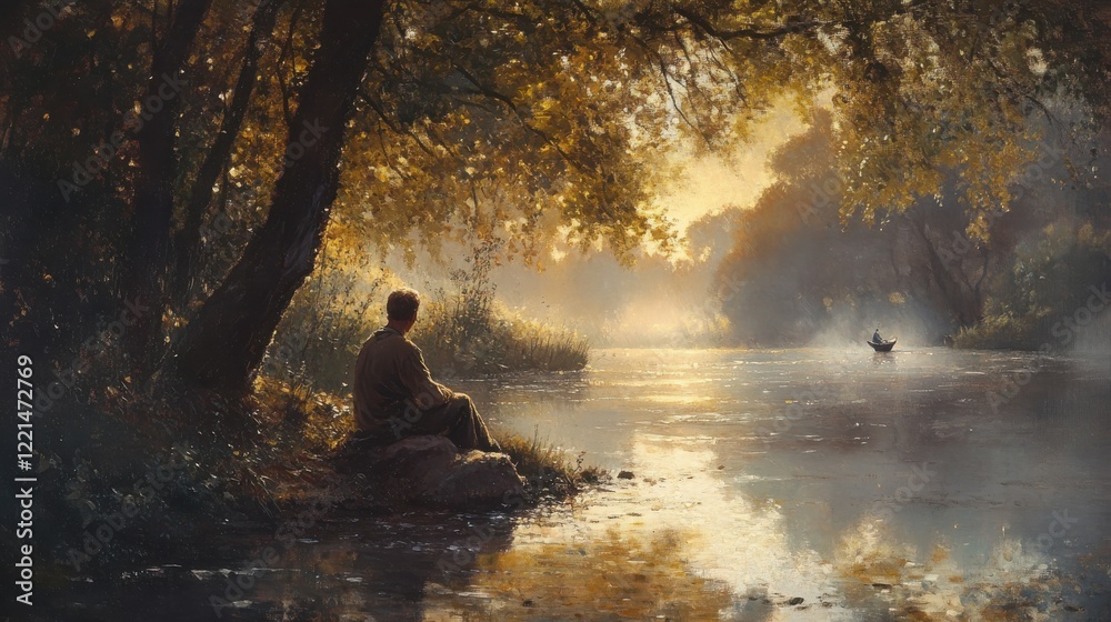 Serene autumn river scene with male figure and distant canoe at sunset Serene autumn river scene with male figure and distant canoe at sunset